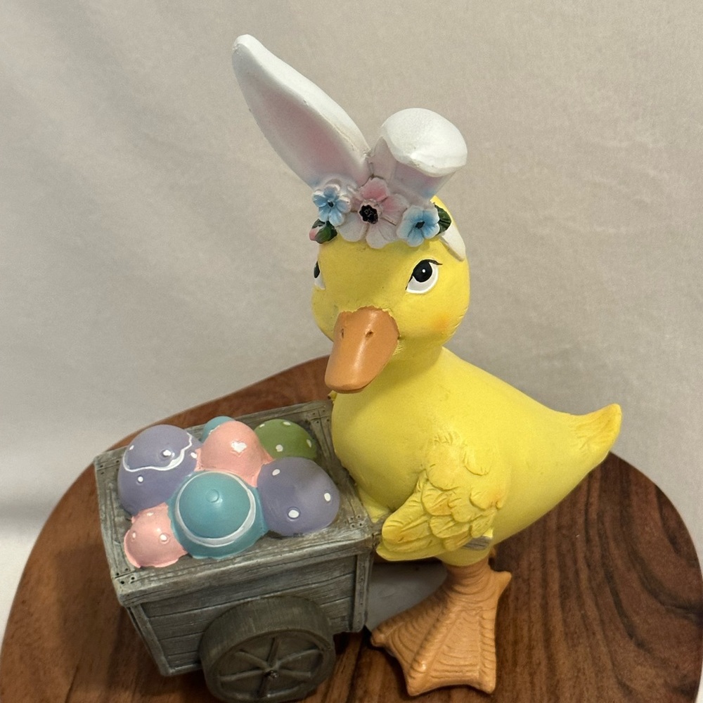 Easter Duck with Basket Cart of Eggs Floral Headband Mantel Table top Decor